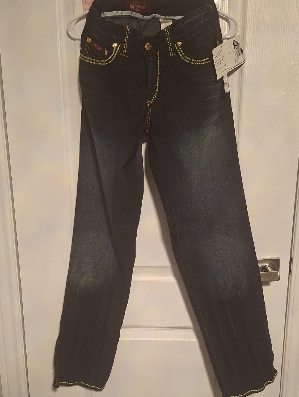 Baby Phat Dark Wash Straight Leg Jeans with‎ Yellow Stitching
